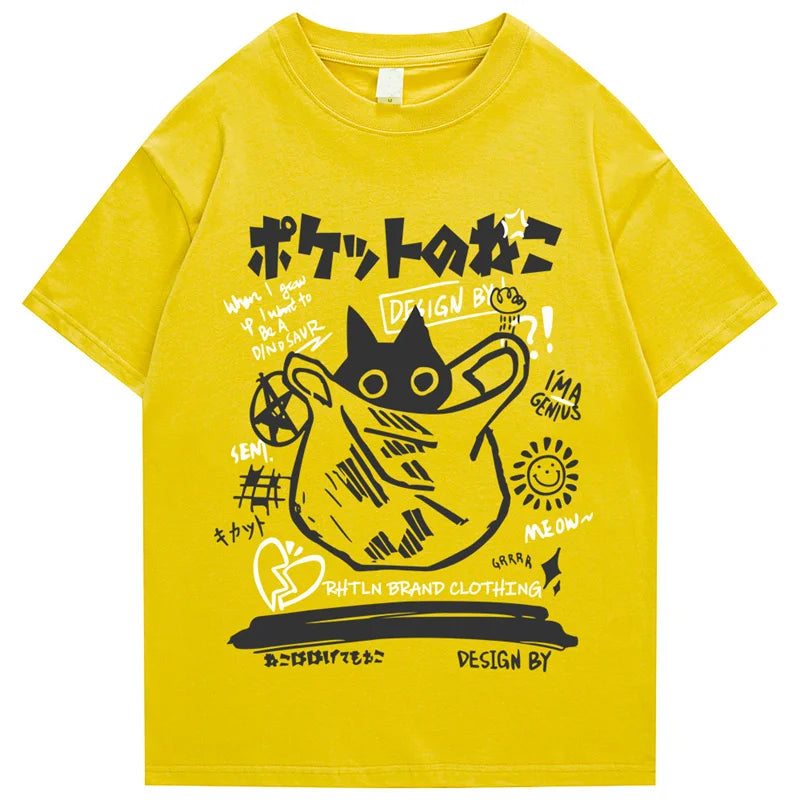 Hip Hop T-Shirt Men Streetwear Japanese Kanji Funny Cat Printed T Shirt 2023 Men Harajuku Cotton Casual Short Sleeve Tshirt Tops