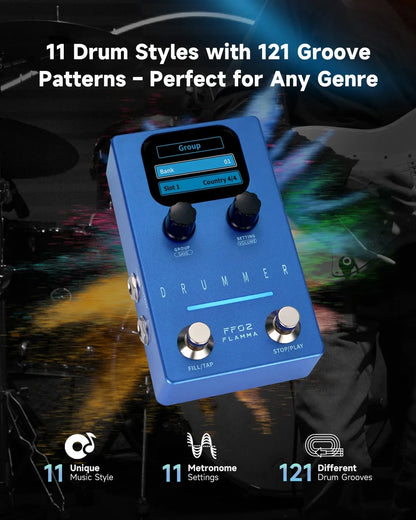 Flamma FF02 Daul Footswitch Drum Machine Guitar Effect Pedal 11 Drum Grooves 6 Preset Saving Slots Tap Tempo Function