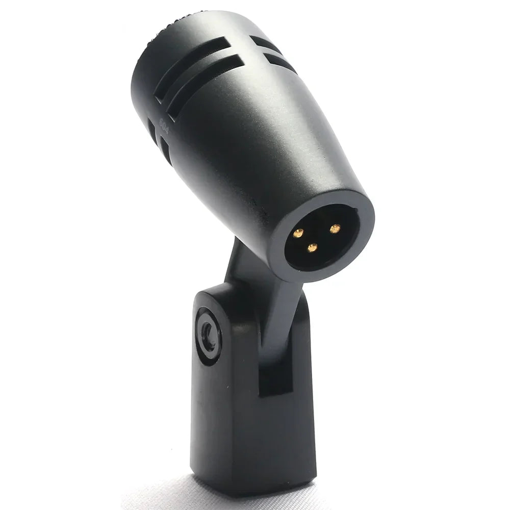 Black condenser e604 dynamic series cardioid microphone with gold pins mounted on clamp arm stand for professional recording
