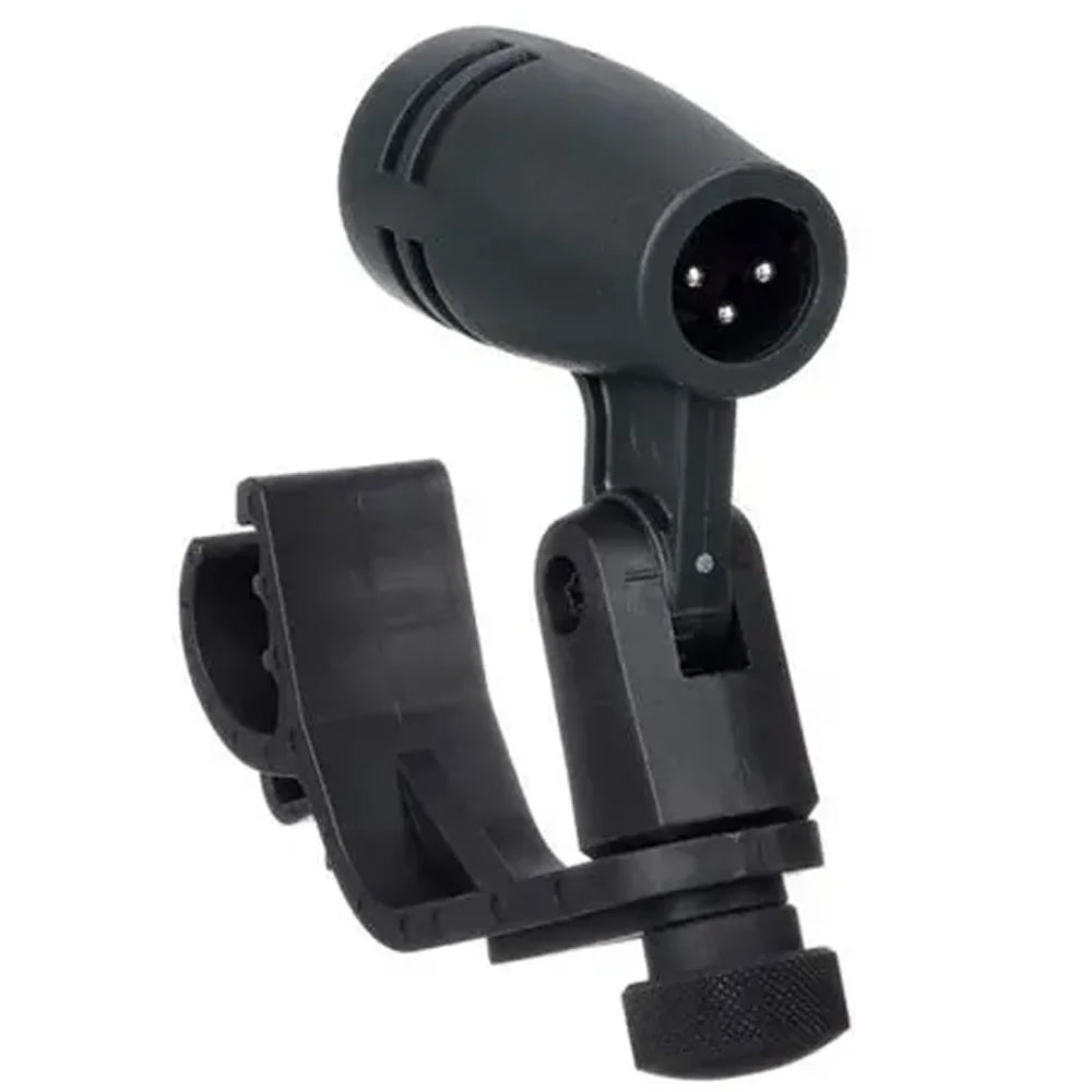 Black plastic e604 professional drum microphone with three-pin xlr connector and clip arm mount for wired recording cardioid use