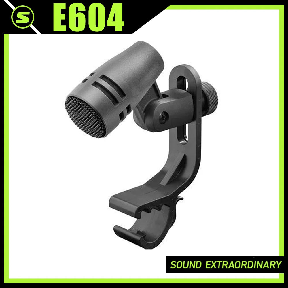 Black e604 professional drum microphone with clip arm mount and mesh grille for wired recording cardioid use