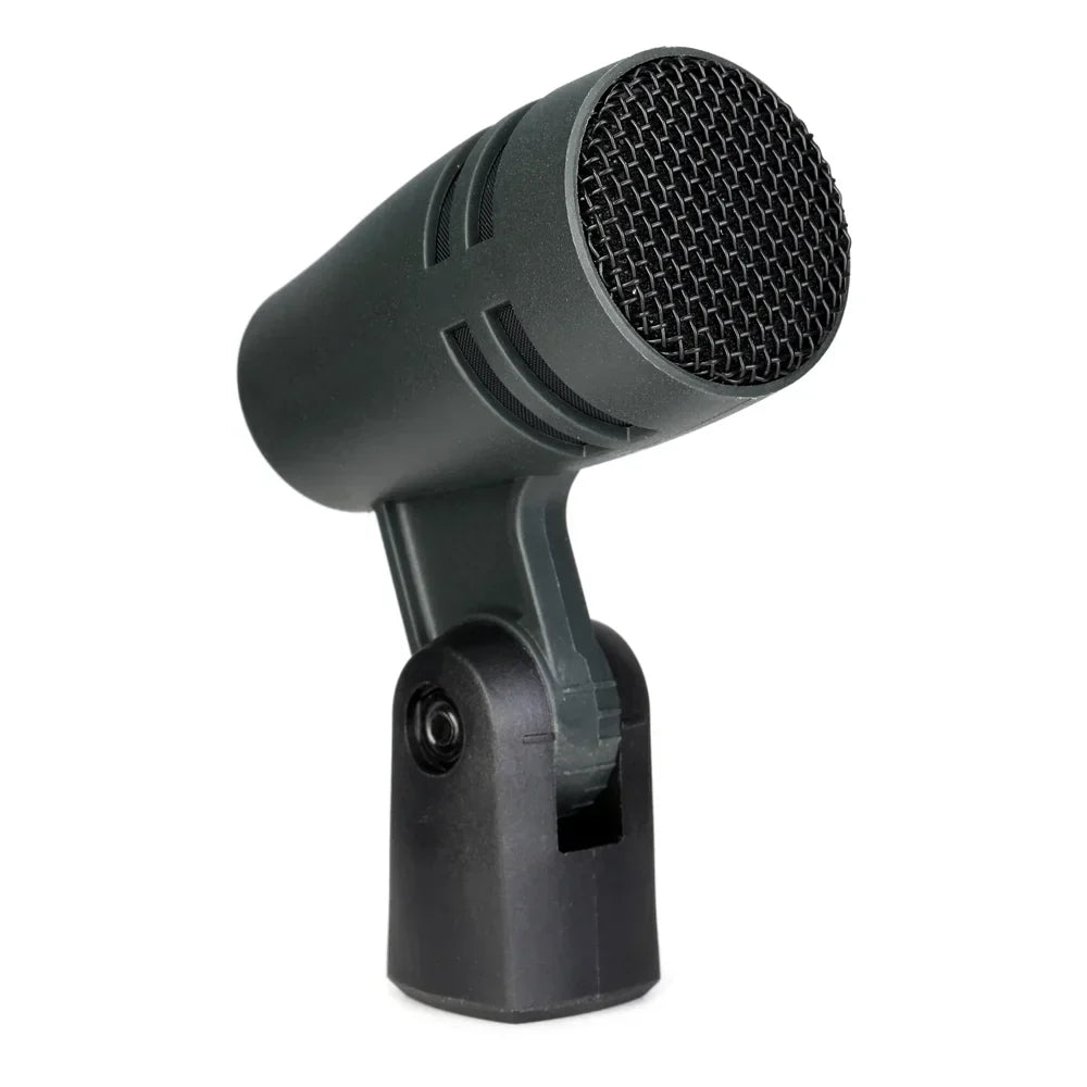 Black e604 professional drum microphone with mesh grille and clip arm mount for wired recording cardioid use