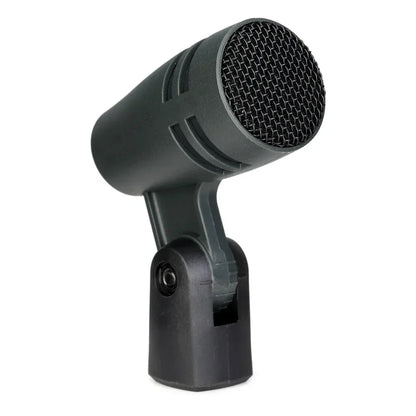 Black e604 professional drum microphone with mesh grille and clip arm mount for wired recording cardioid use