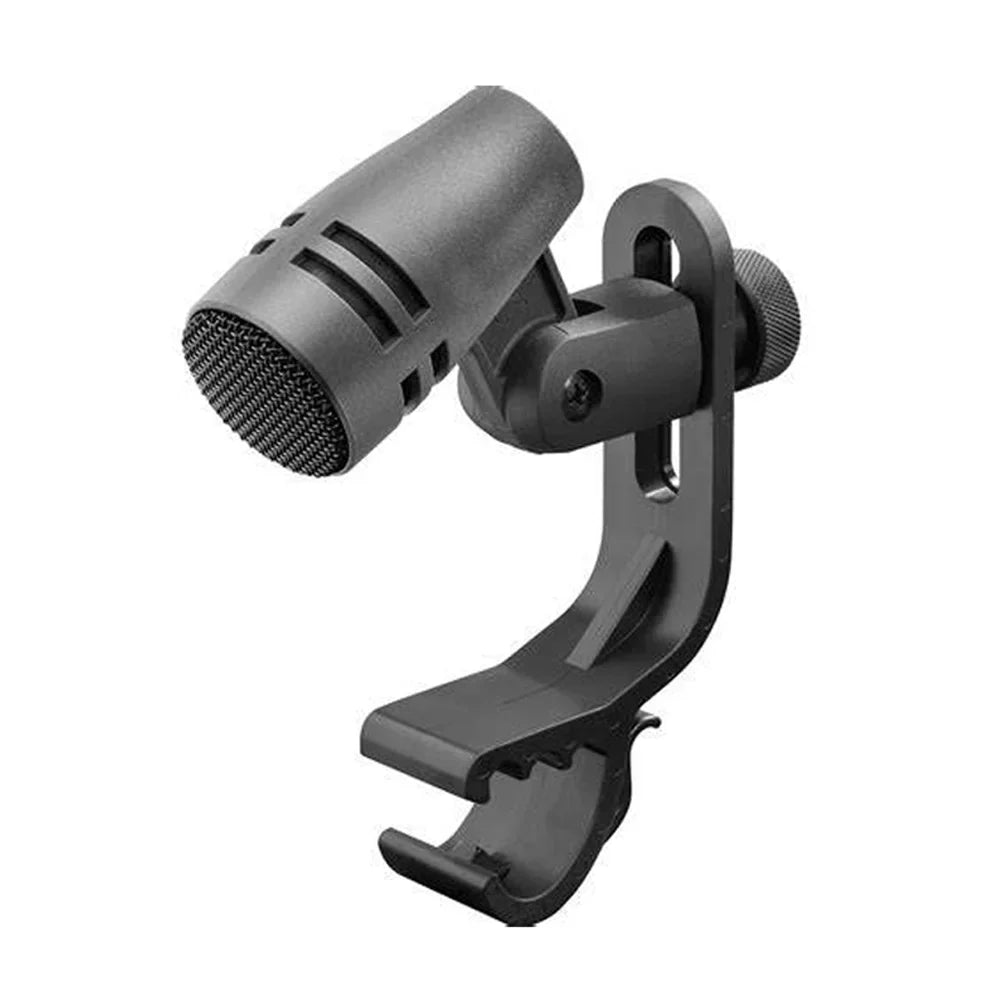 Black e604 professional drum microphone with mesh grille and clip arm mount for wired recording cardioid use