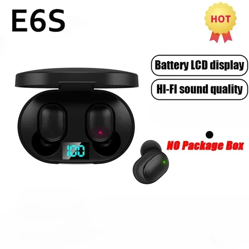 Black e6s wireless bluetooth tws headset earbuds noise cancelling with sleek oval charging case and blue led battery display