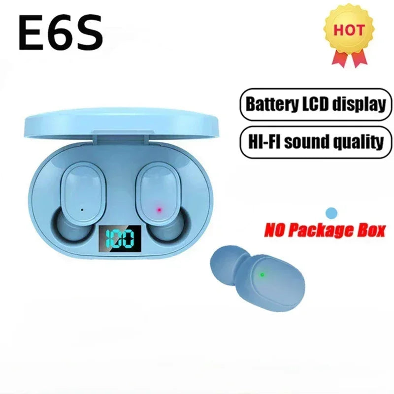 Light blue e6s wireless bluetooth tws headset earbuds noise cancelling with matching charging case and digital battery display