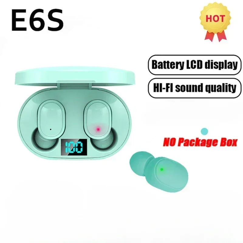 Mint green e6s wireless bluetooth earbuds with noise cancelling and matching charging case featuring lcd battery display