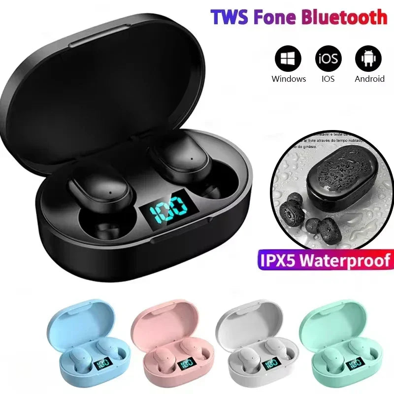 Black e6s wireless bluetooth earbuds noise cancelling in an oval charging case with digital battery display tws bluetooth headset