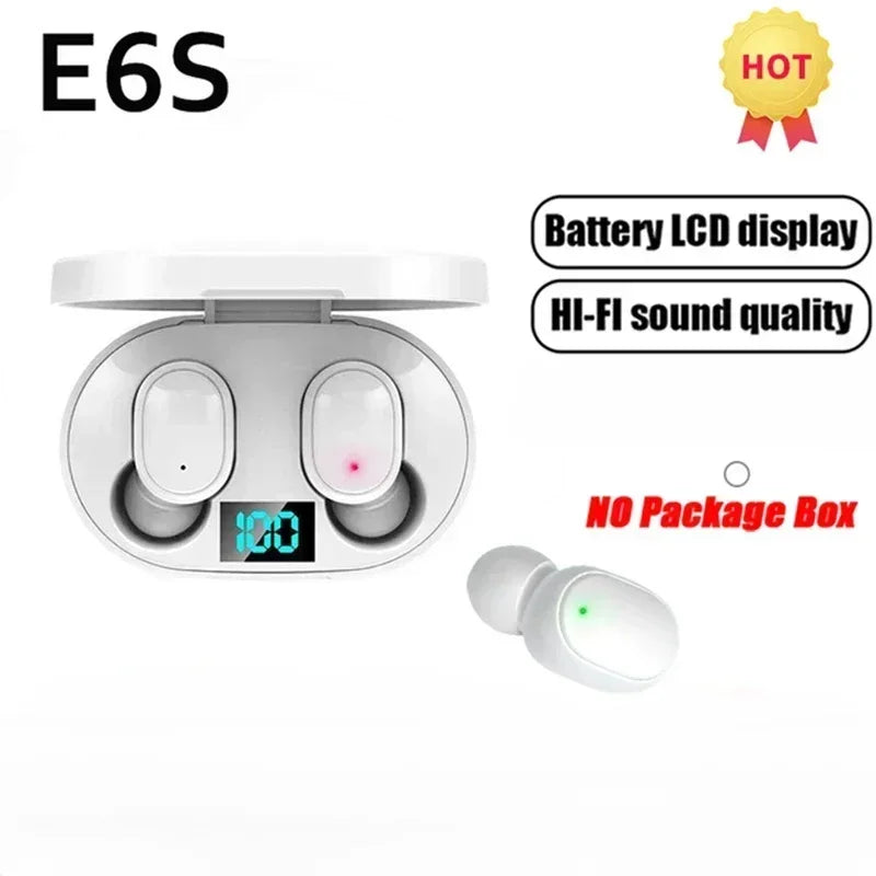 White e6s wireless bluetooth earbuds noise cancelling with sleek oval charging case and digital battery display