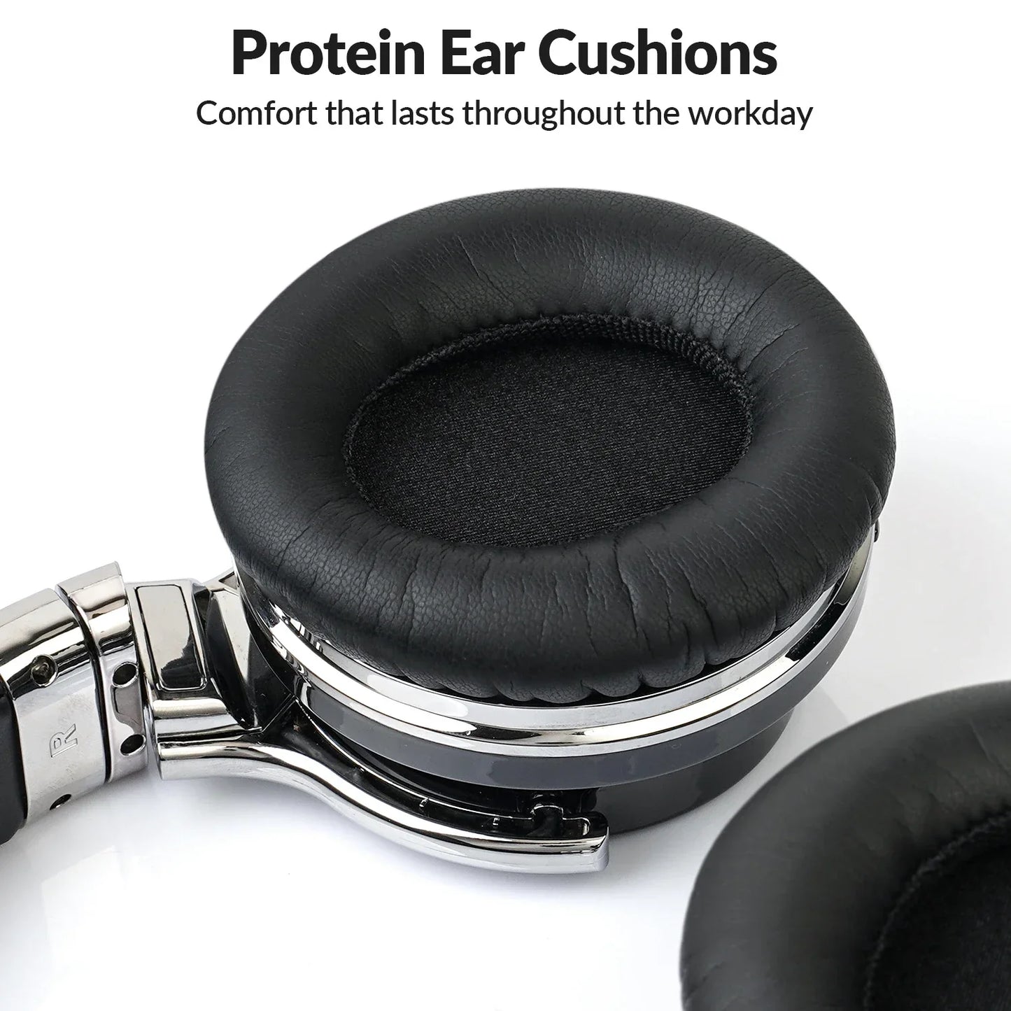 Black protein ear cushions with soft leather texture and mesh lining for E7 ANC wireless noise cancelling headphones
