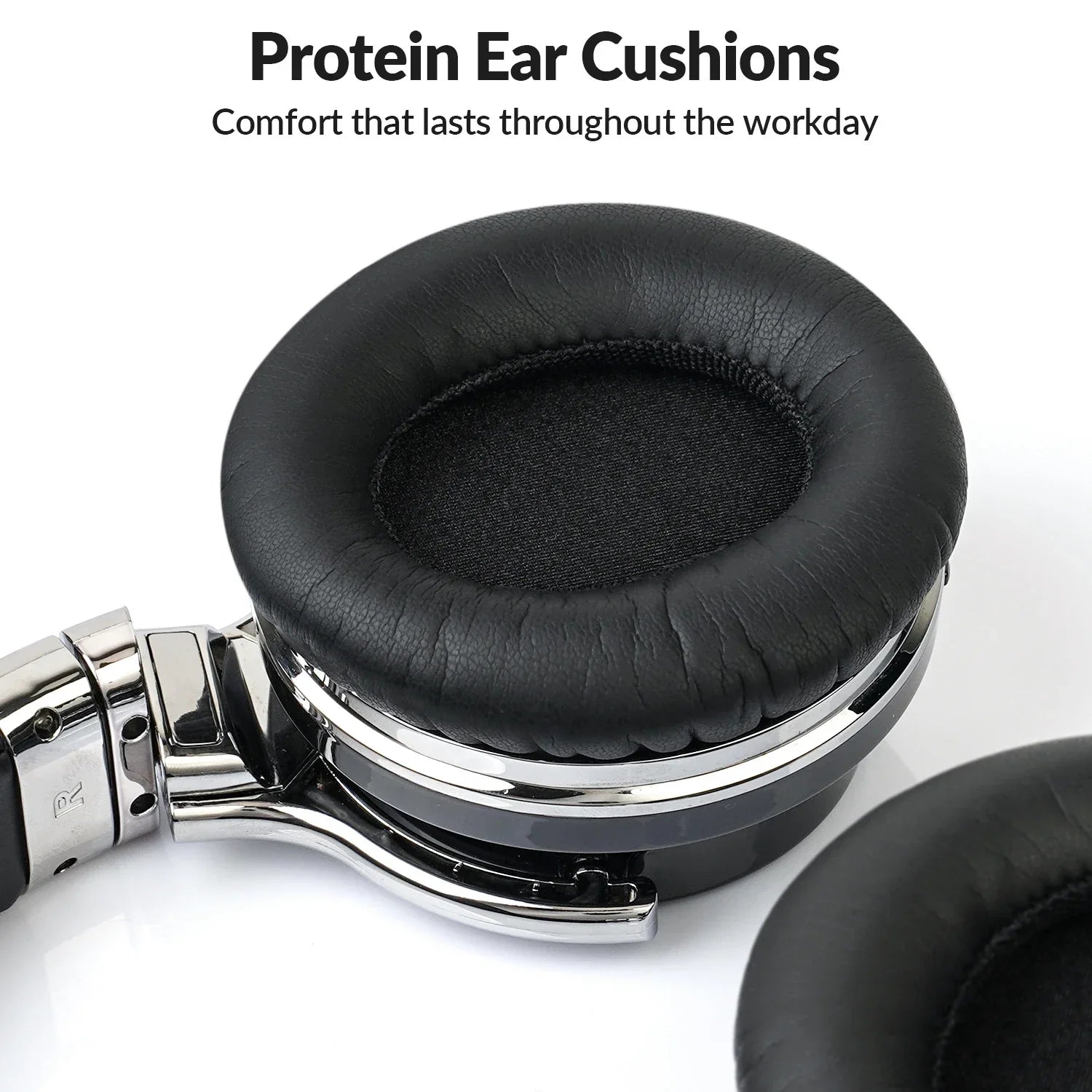 Black protein ear cushions with soft leather texture and mesh lining for E7 ANC wireless noise cancelling headphones