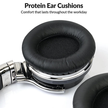 Black protein ear cushions with soft leather texture and mesh lining for E7 ANC wireless noise cancelling headphones