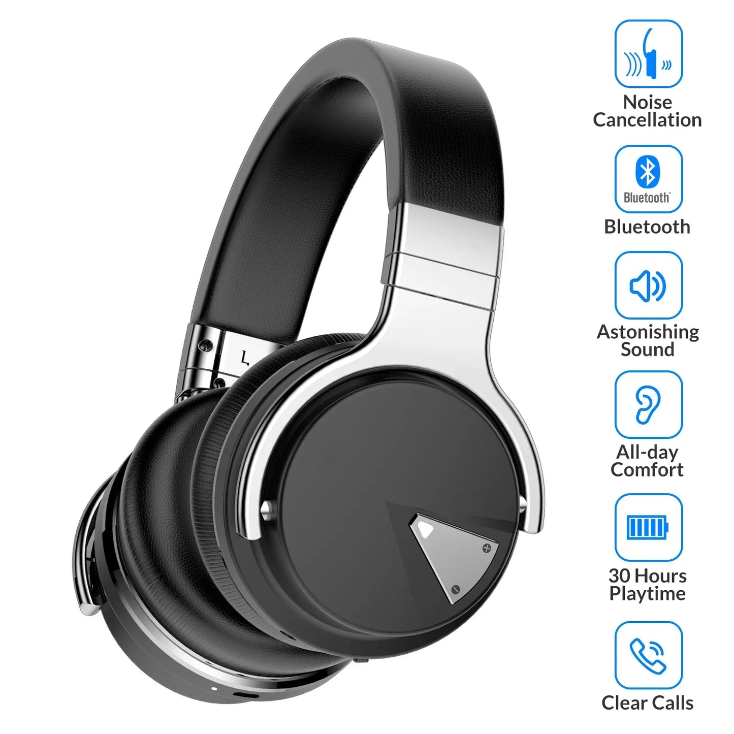 E7 ANC wireless noise cancelling black and silver over-ear bluetooth headphones with a sleek modern design