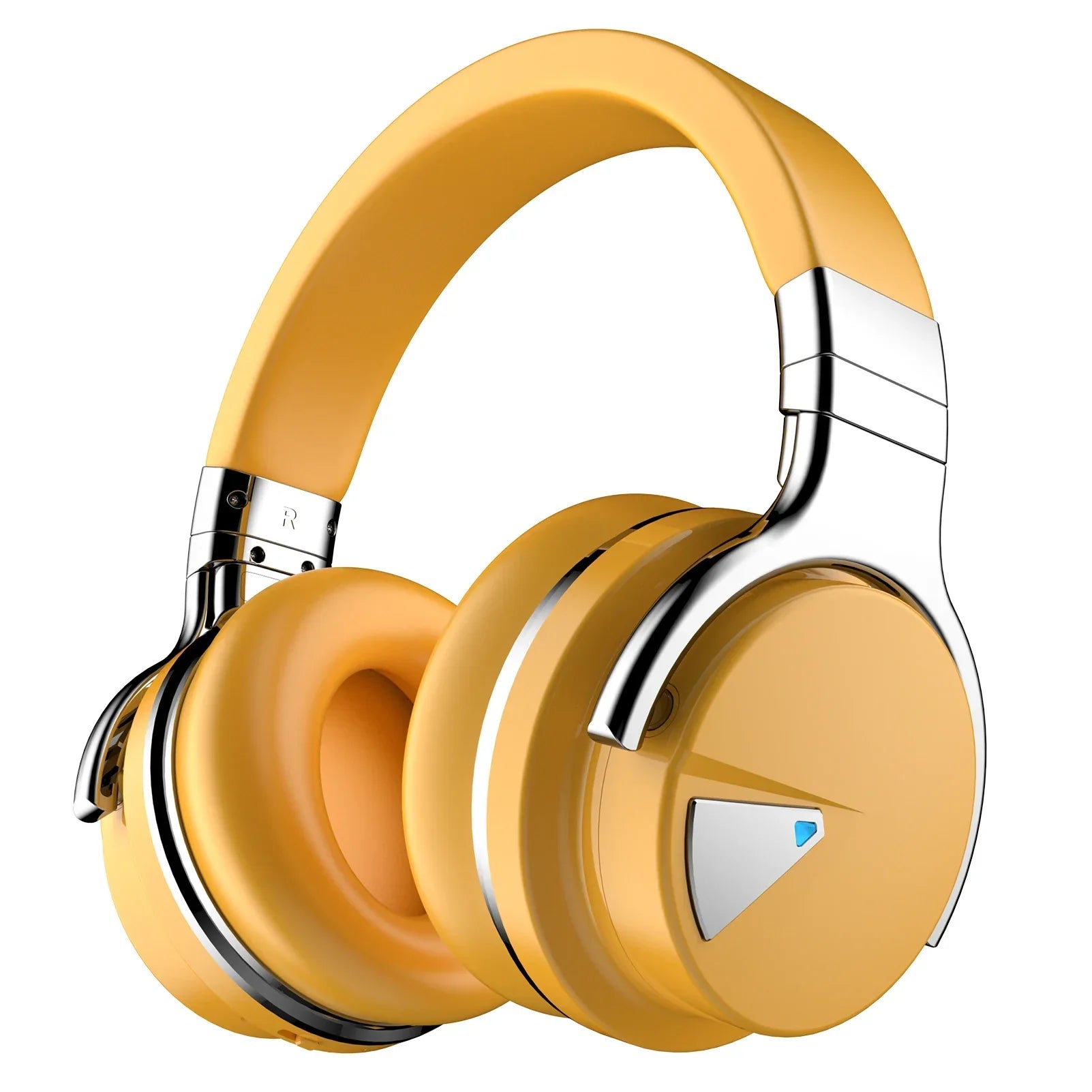 Yellow over-ear headphones with silver metallic accents featuring anc wireless noise cancelling technology