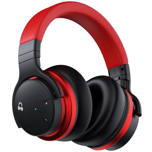 Red and black e7c anc wireless headphones with padded earcups and adjustable headband for sports active noise use