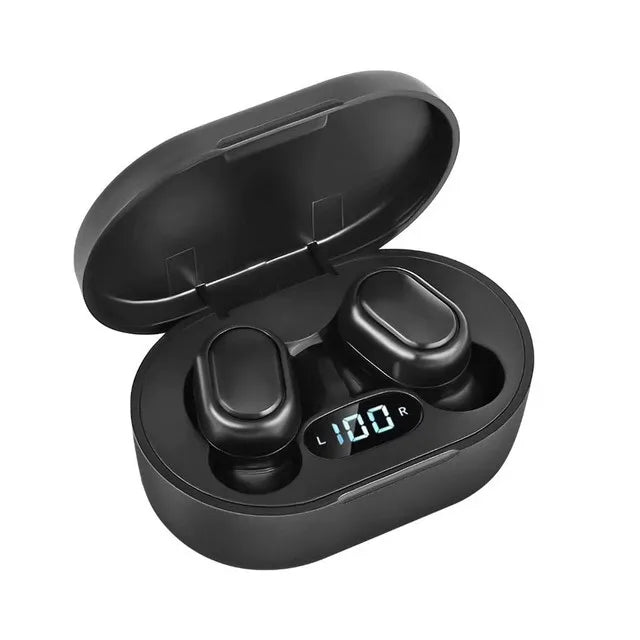 Black e7s tws wireless earbuds in a matte charging case with digital battery display for control sport headset use