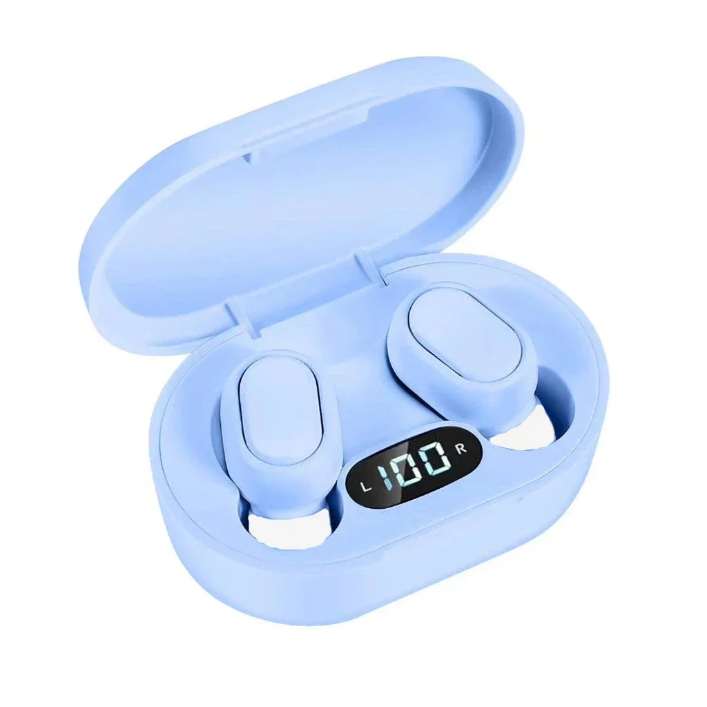 Light blue e7s tws wireless earbuds with illuminated digital display in matching charging case control sport headset waterproof microphone music