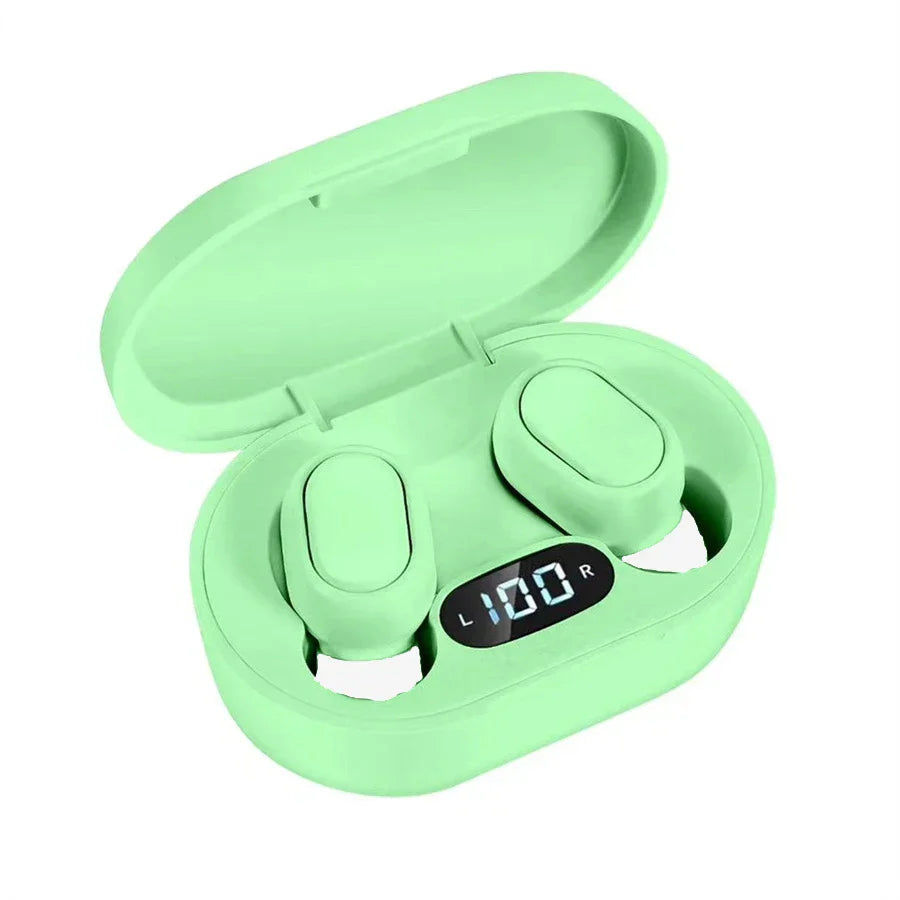 Mint green e7s tws wireless earbuds with matching charging case and digital battery display for control sport headset use