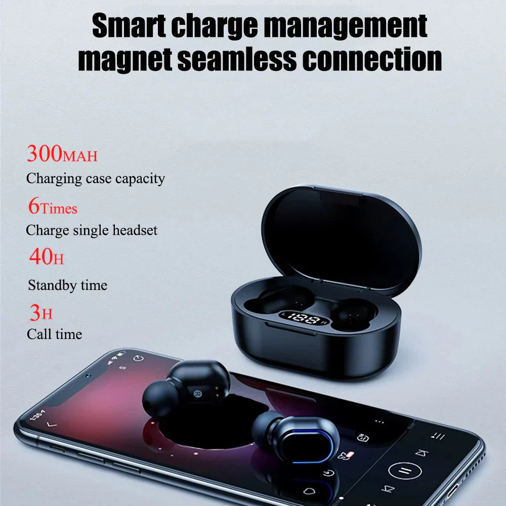 Black e7s tws wireless earbuds with blue accent lighting and waterproof microphone music control sport headset with case and smartphone