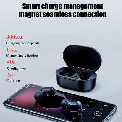 Black e7s tws wireless earbuds with blue accent lighting and waterproof microphone music control sport headset with case and smartphone