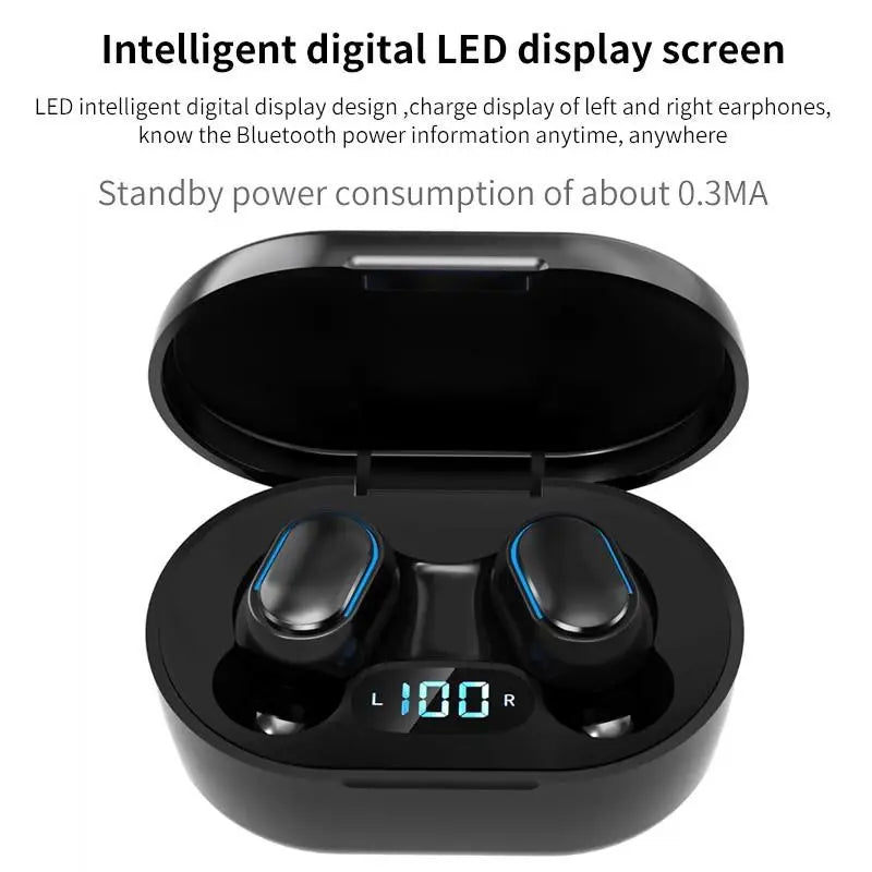 Black e7s tws wireless earbuds with blue led display in sleek charging case control sport headset waterproof microphone music