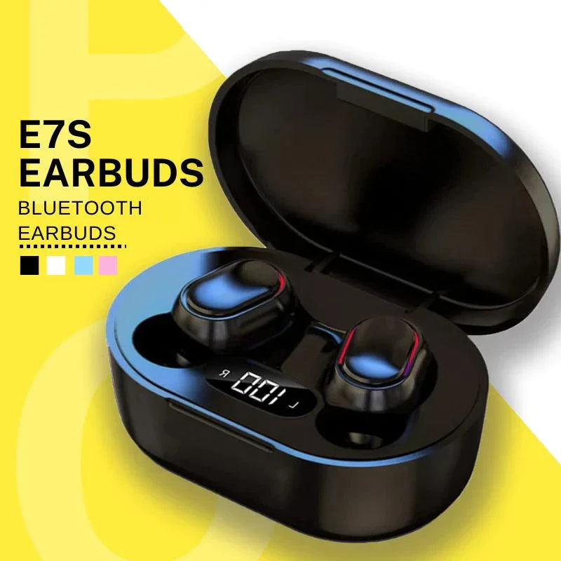 Black e7s tws wireless earbuds in a glossy charging case with digital display featuring waterproof microphone music control sport headset