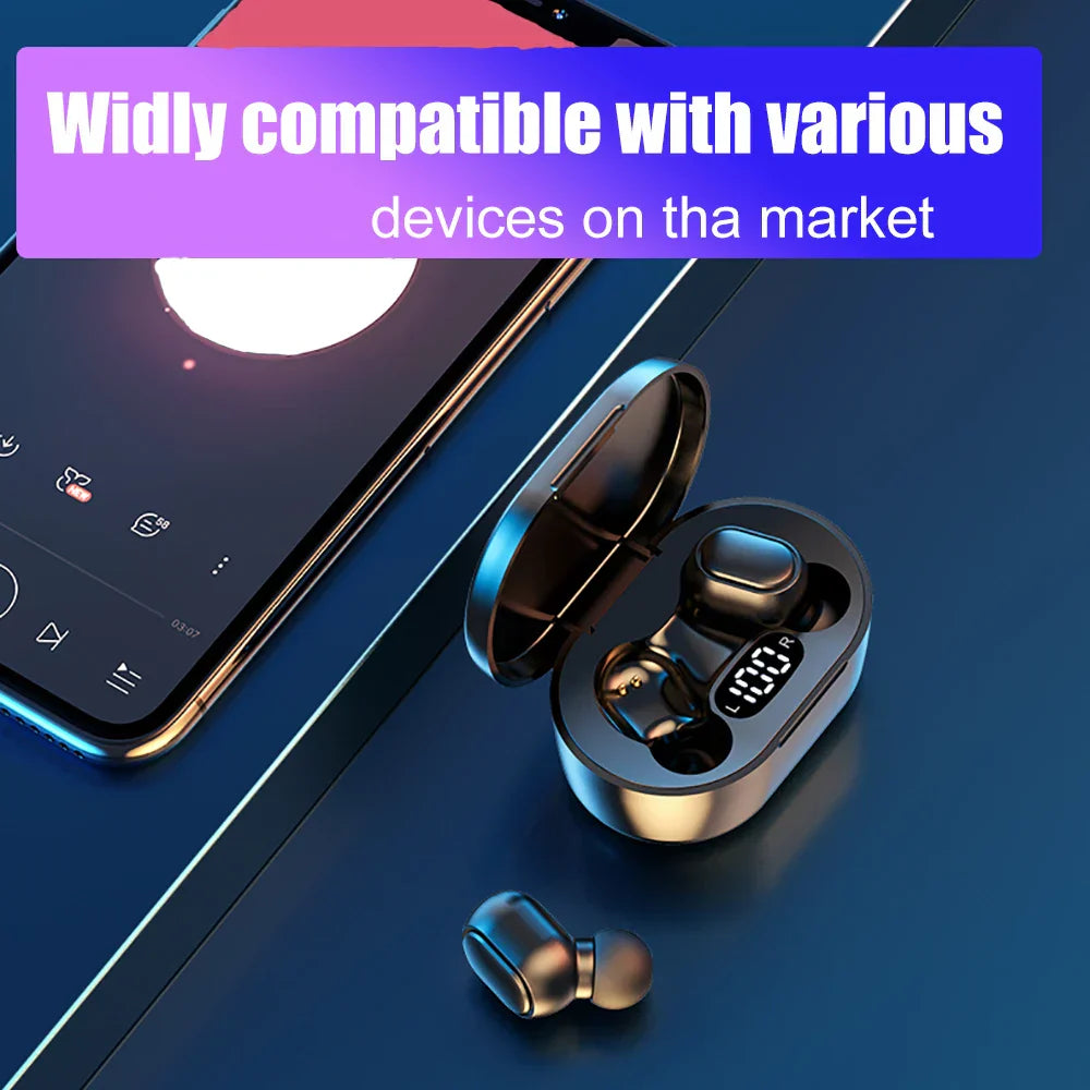 Black e7s tws wireless earbuds in a metallic charging case with illuminated display control sport headset waterproof microphone music