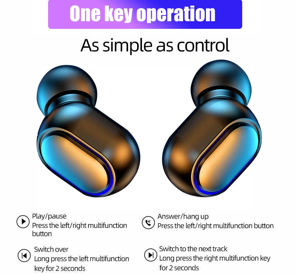 Blue and gold e7s tws wireless earbuds with sleek glossy finish featuring control sport headset and waterproof microphone music