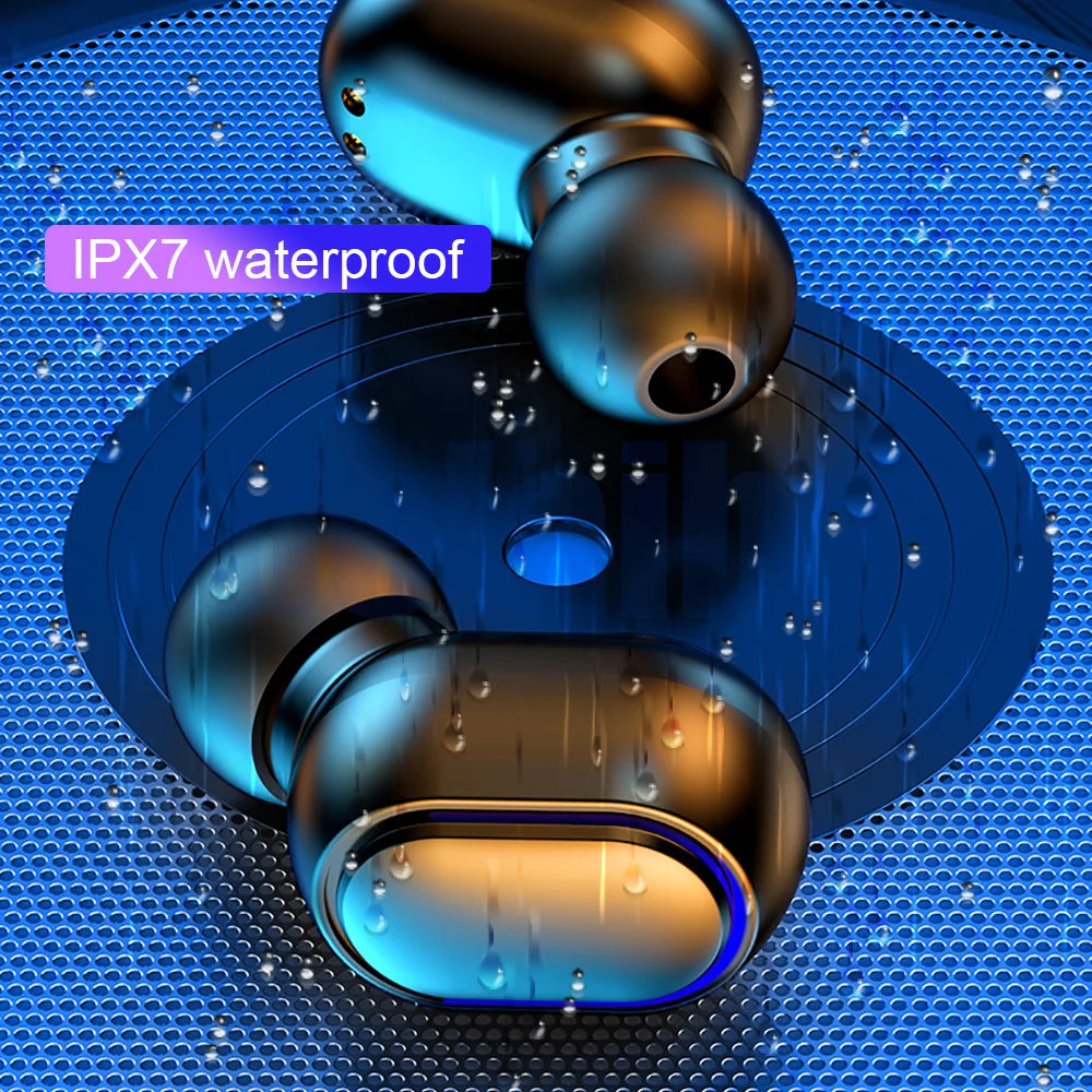 Glossy black e7s tws wireless earbuds with sleek rounded design and blue accent lighting waterproof microphone music control sport headset