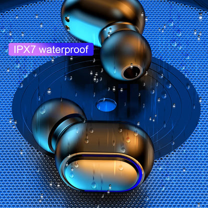 Glossy black e7s tws wireless earbuds with sleek rounded design and blue accent lighting waterproof microphone music control sport headset