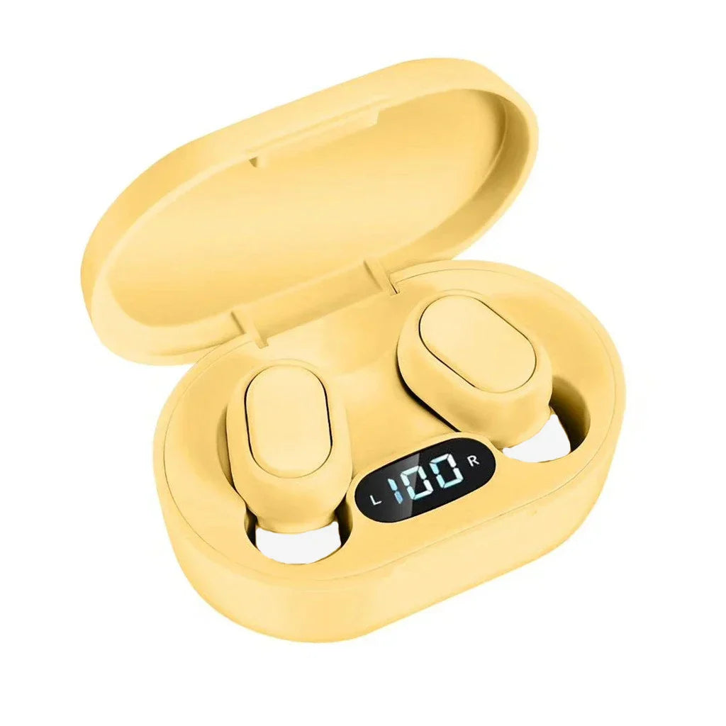 Cream-colored e7s tws wireless earbuds in matching charging case with digital battery display control sport headset waterproof microphone music