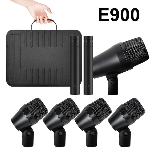 Black e900 wired dynamic drum kit mic with mesh grilles and plastic shell carrying case for professional cardioid use