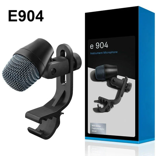 Black e904 instrument microphone with mesh grille and clip arm mount for professional drum cardioid recording