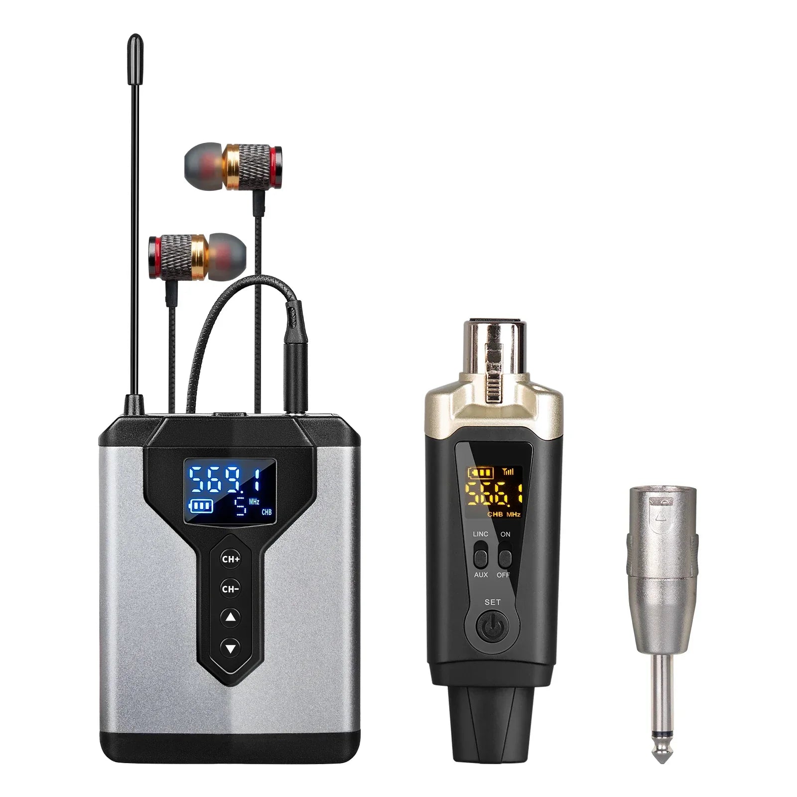 Silver and black wireless lavalier microphone system with gold accents for ear monitoring wireless live music stage use