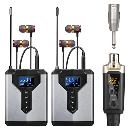 Silver and black ear monitoring wireless system with dual receivers gold-accented earpieces for live music stage use