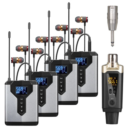 Silver and black ear monitoring wireless lavalier microphone system with gold-accented earpieces for live music stage use