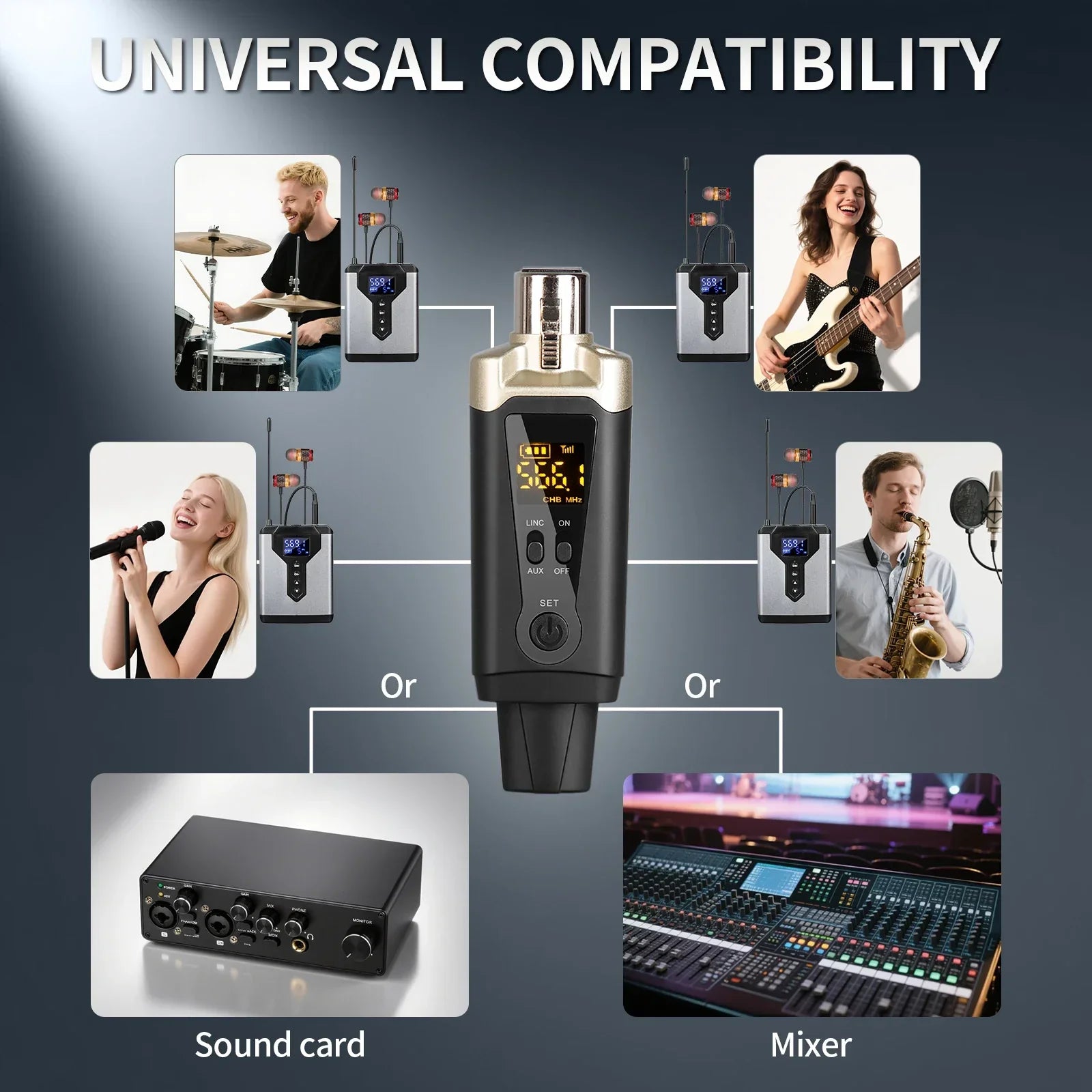Black and gold wireless ear monitoring system with digital display for live music stage and type beat music performance