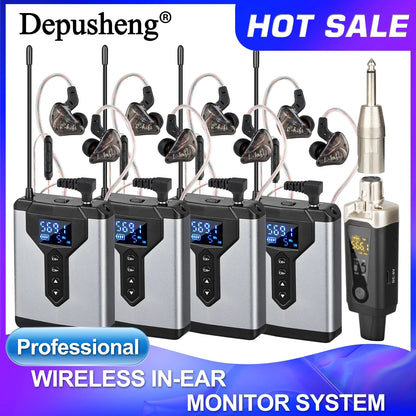 Silver and black depusheng ear monitoring wireless system with digital displays for live music stage and type beat music use