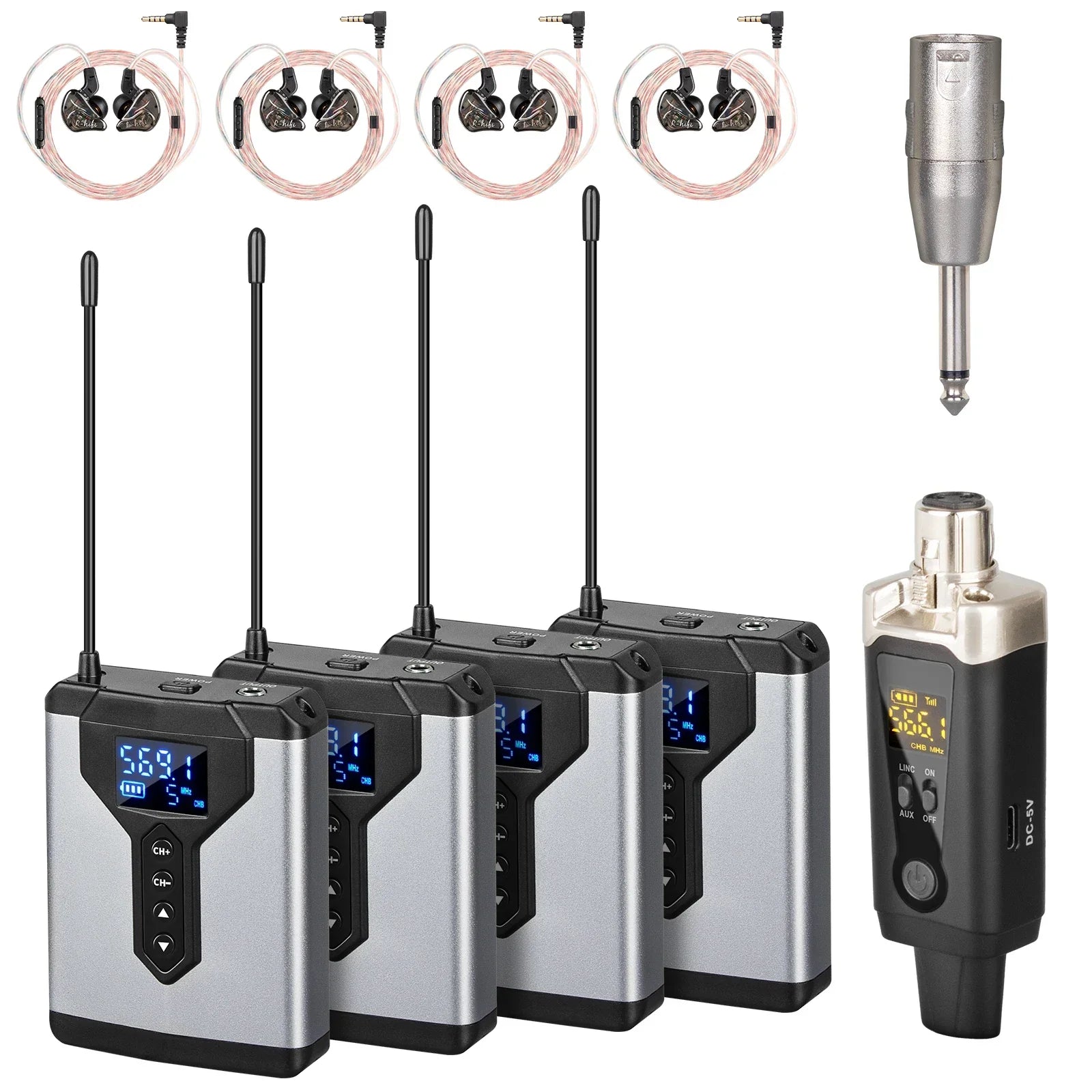 Silver and black wireless lavalier ear monitoring wireless system with digital display for live music stage and studio use