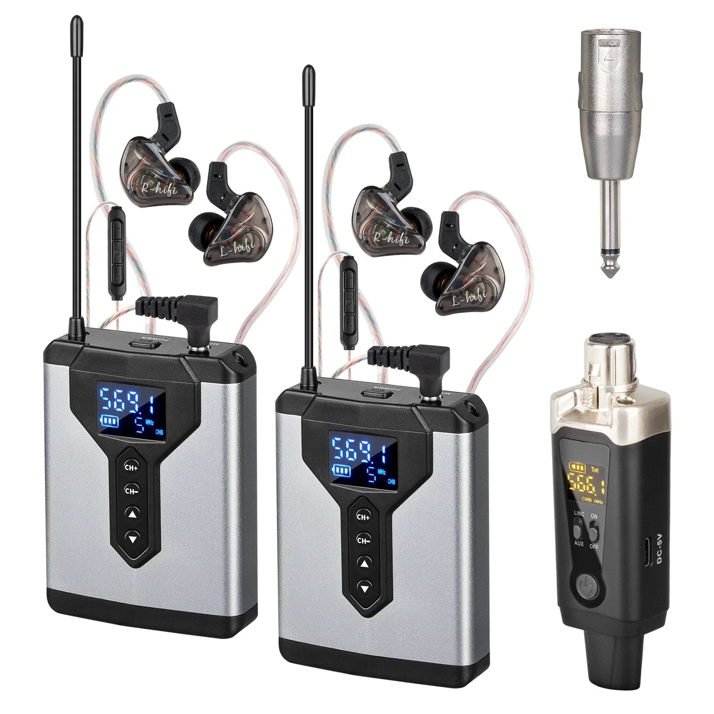 Silver and black ear monitoring wireless system with transparent earpieces for live music stage and type beat music