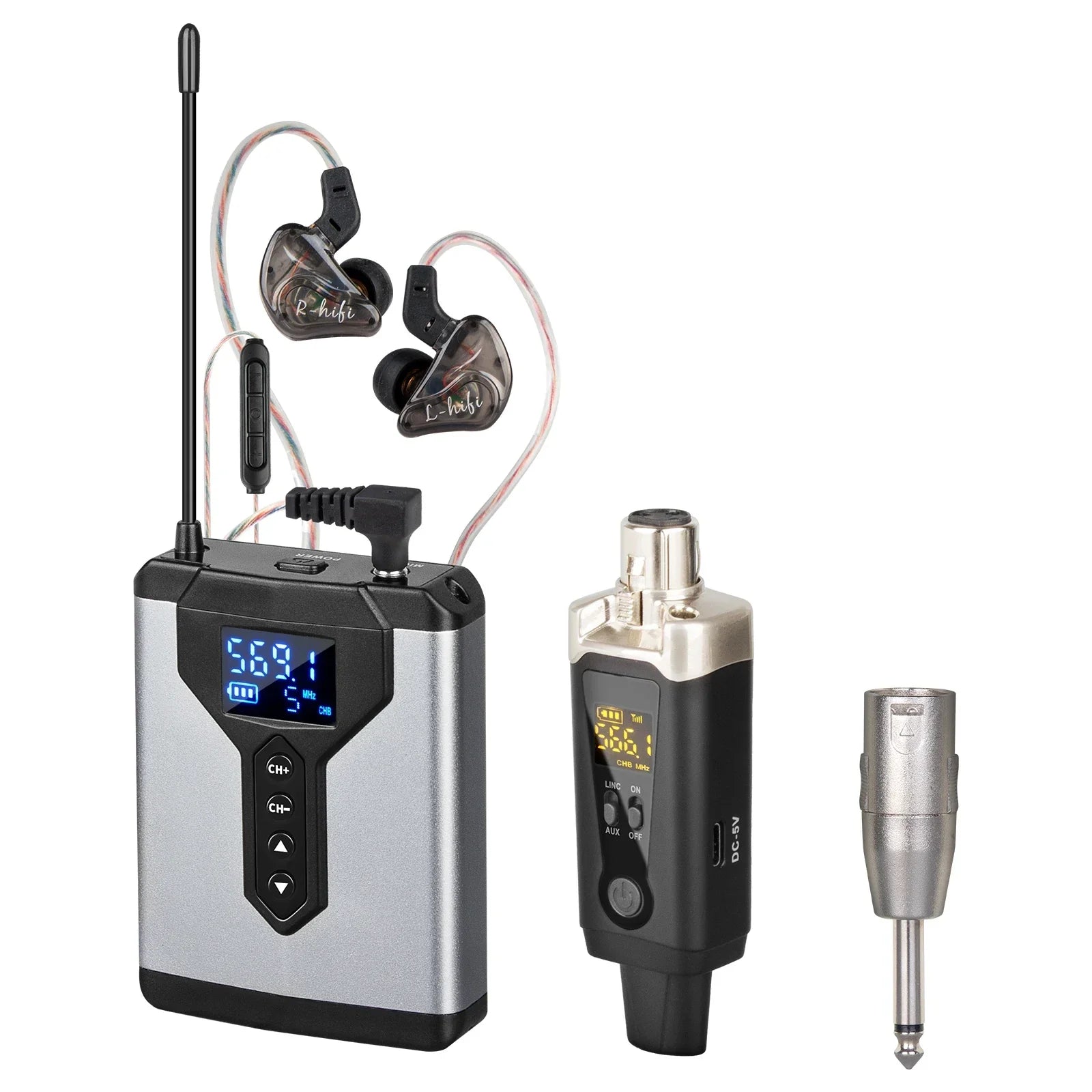 Silver and black wireless in-ear monitor system with transparent earpieces for ear monitoring wireless live music stage use