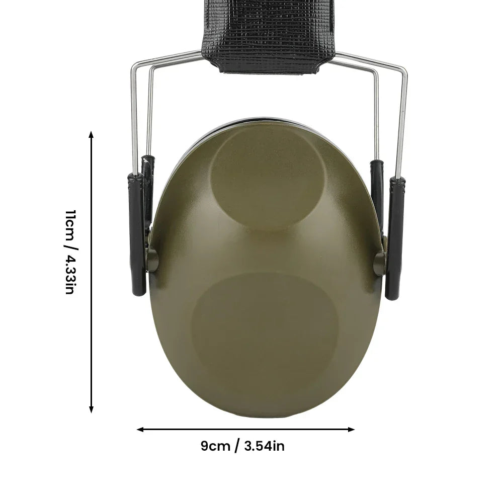 Olive green ear protector earmuffs with black textured headband and metal frame for hunting noise reduction and soundproof shooting