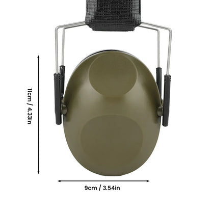 Olive green ear protector earmuffs with black textured headband and metal frame for hunting noise reduction and soundproof shooting