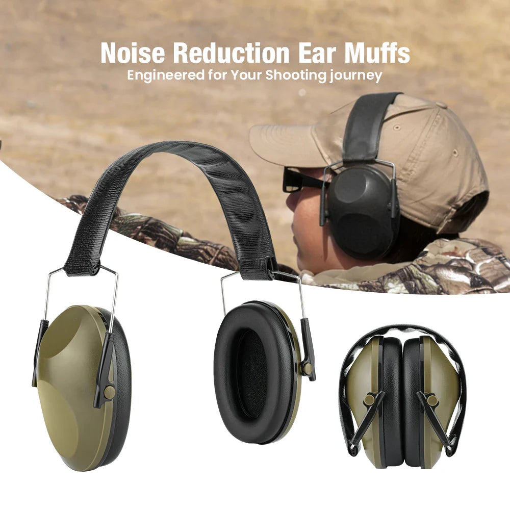 Olive green and black ear protector earmuffs with padded ear cushion and adjustable metal frame for noise reduction