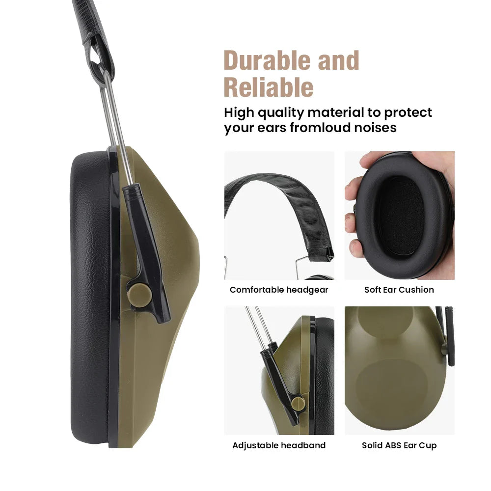 Olive green and black ear protector earmuffs with solid abs ear cups adjustable headband and soft ear cushion for noise reduction