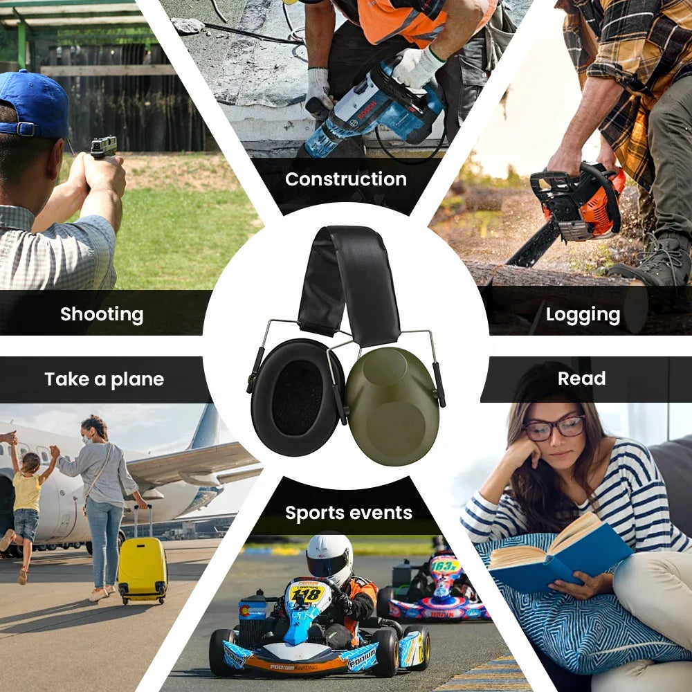 Olive green and black ear protector earmuffs with padded ear cushion for noise reduction in shooting and hunting activities