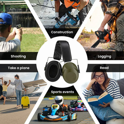 Olive green and black ear protector earmuffs with padded ear cushion for noise reduction in shooting and hunting activities