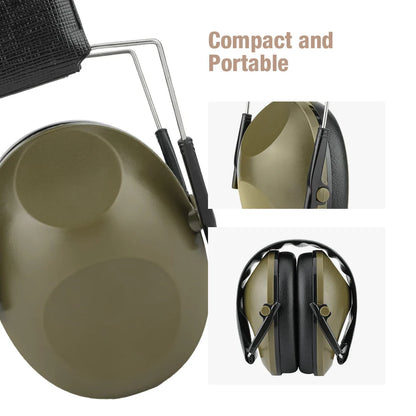 Olive green compact ear protector earmuffs with black padded headband and ear cushion for noise reduction during shooting