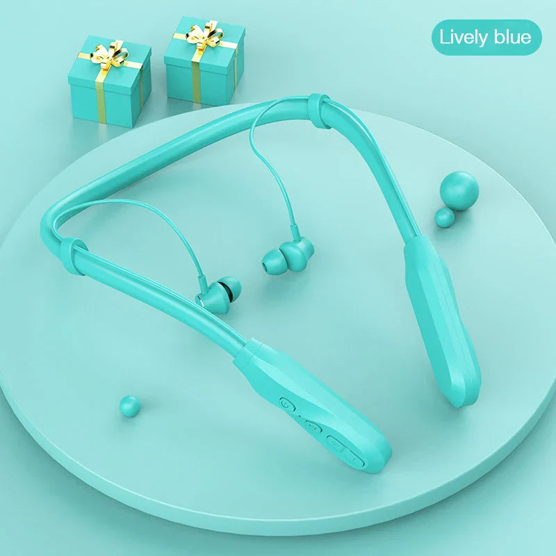 Lively blue wireless headphones neckband with matte plastic housing and integrated controls for mic sport music bass