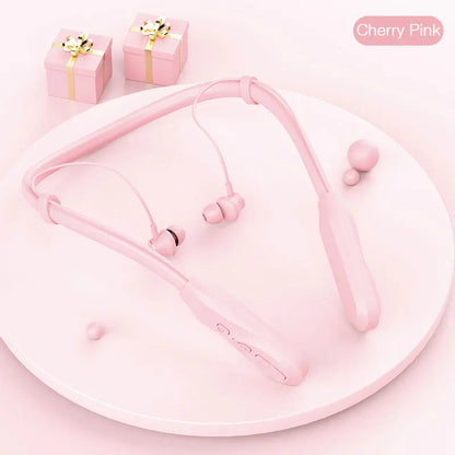 Cherry pink wireless headphones neckband with sleek plastic design earbuds bluetooth earphone bass mic sport music